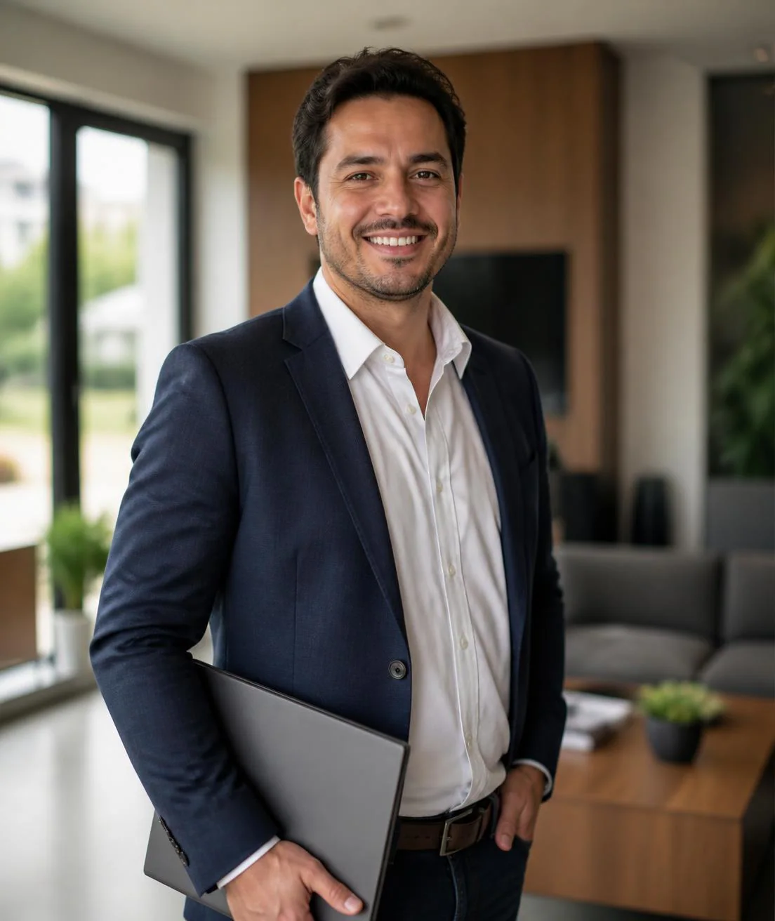 Thiago Ferraz, corretor de imóveis em Uberlândia, de blazer azul-marinho